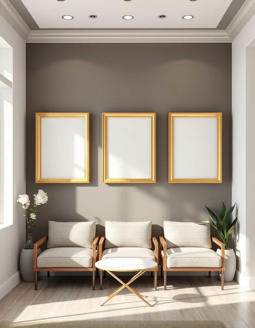 Main painting studio: mock up med spa with transitional decor with four blank picture frames with gold accents on the wall to introduce staff to customers - seating for six
