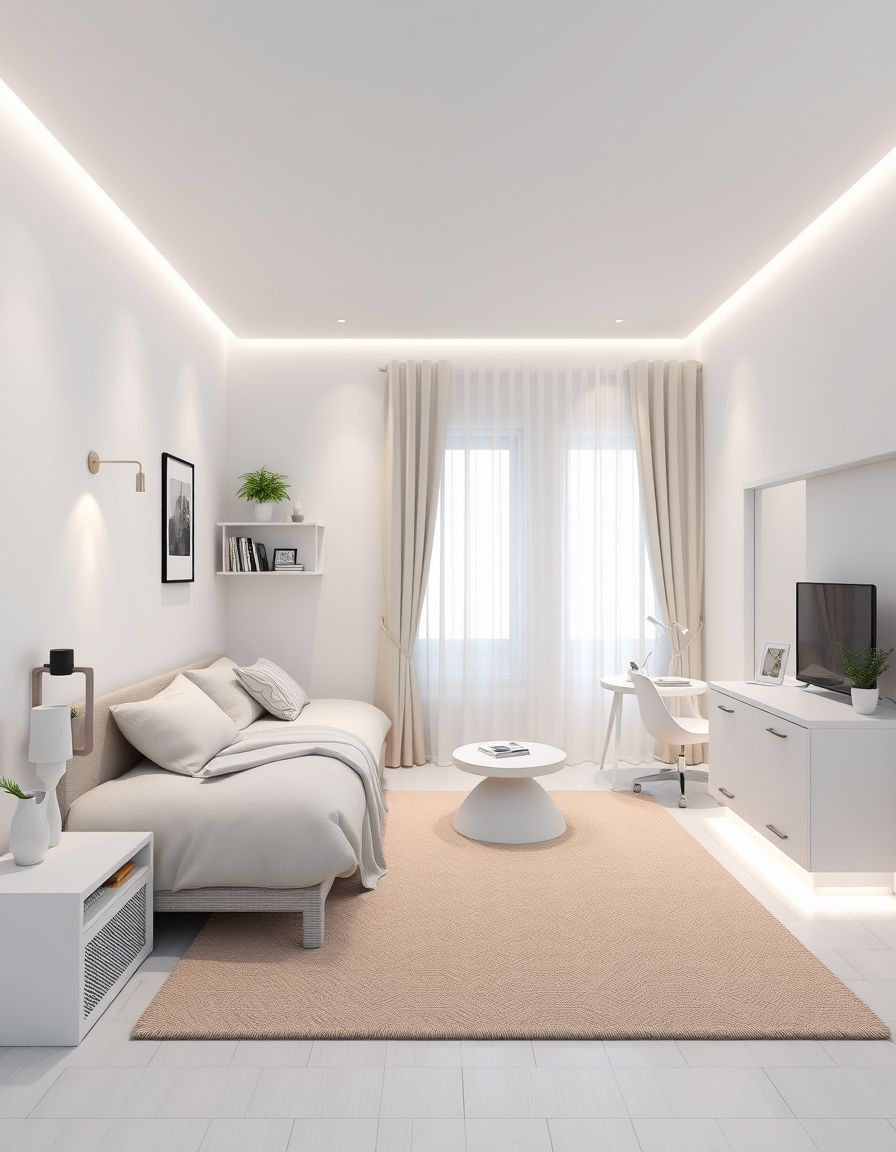 Room Design idea: AI room design, full room layout furniture and lighting, photorealistic interior render, Quarto feminino jovem, moderno e aconchegante, com LED. Cama 