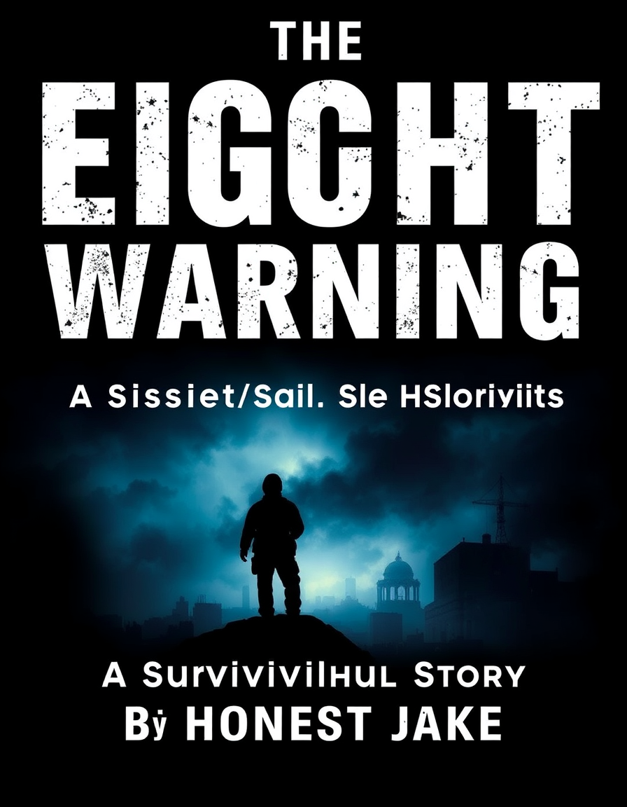 Book Covers idea: book cover composition, vertical 2:3 format, title-ready negative space at top, evocative subject, THE EIGHT HOUR WARNING A Disaster Survival Story By