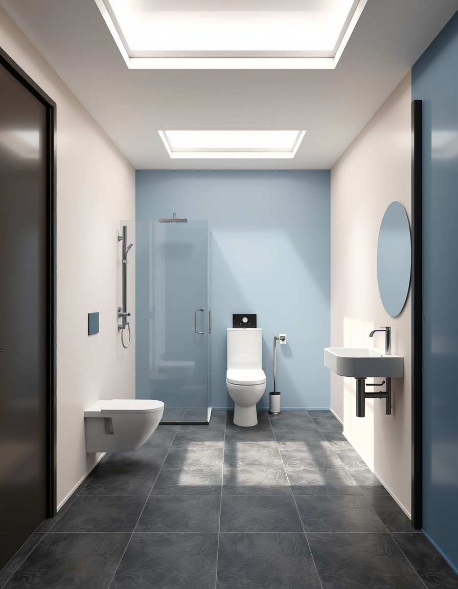 Room Design idea: AI room design, full room layout furniture and lighting, photorealistic interior render, bath room with toilet bowl, toilet sink, shower system, dark 