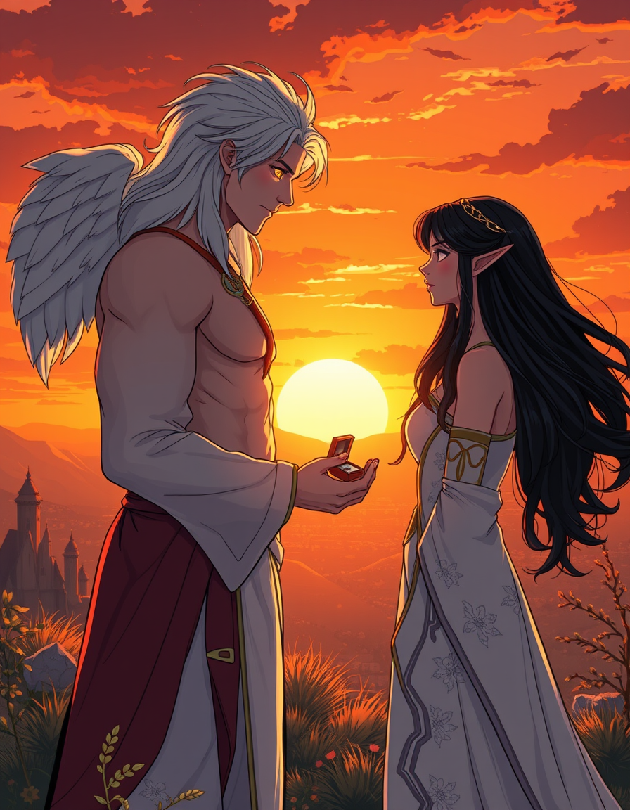 Main painting studio: Single cinematic manhwa panel. At sunset in Ythgimla, Raphael stands on a hill overlooking the capital and Asteria Mountains, holding a small ring box