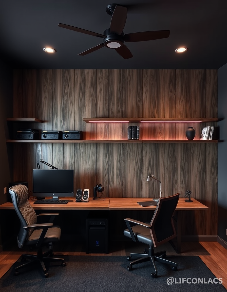 Main painting studio: A moody game room/ office. two desk on opposite walls. above one desk it needs to have three sections of wood paneling that end with floating shelves.