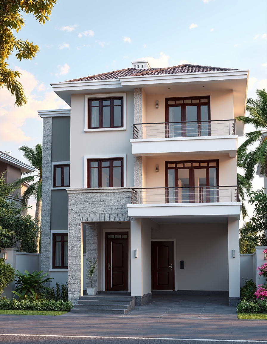 House Exterior Design idea: AI house exterior design, facade materials roofline and landscaping, photorealistic render, TWO LEVEL HOUSE BOTTOM LEVEL 16 X 24 TOP LEVEL 20 X 28 3 B