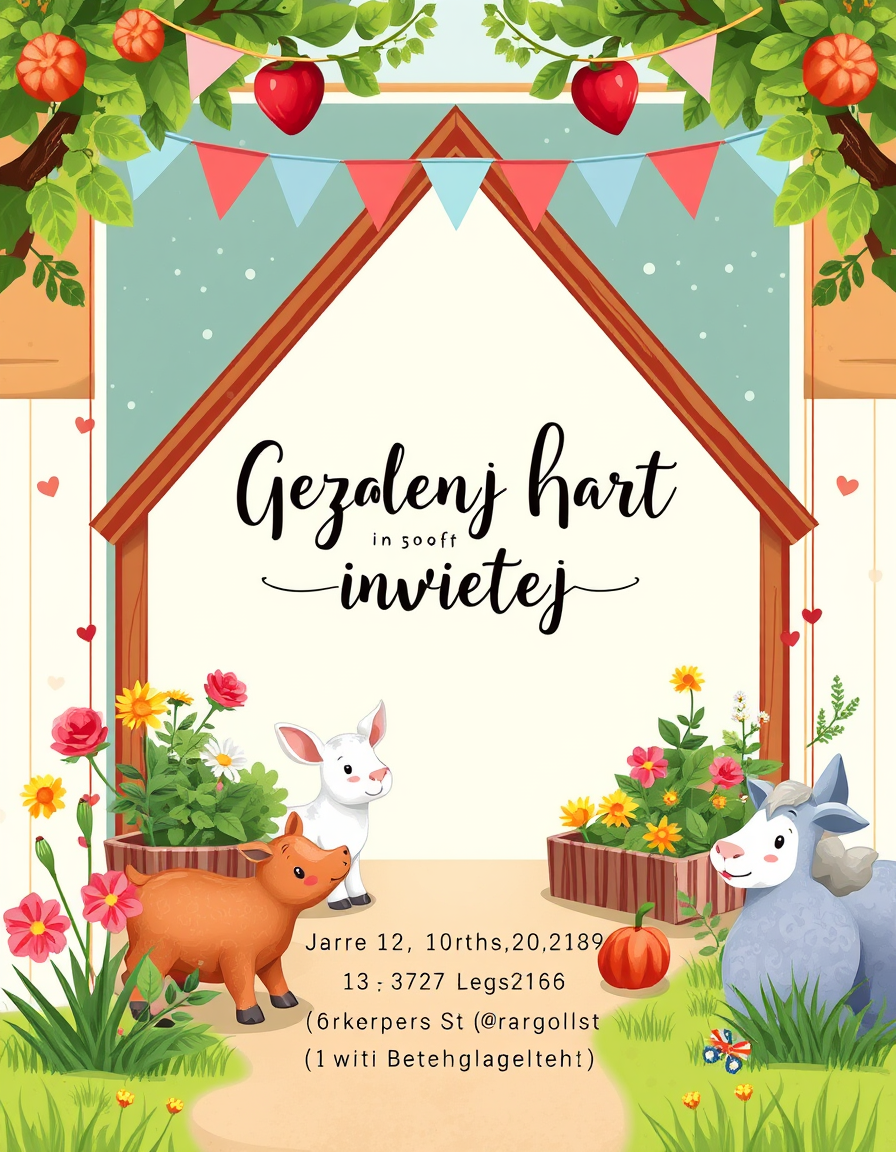 Invitation idea: party invitation design, festive layout, decorative border, space for event details, Gemüsehof mit tieren im herbst und mit einem spielplatz , printab