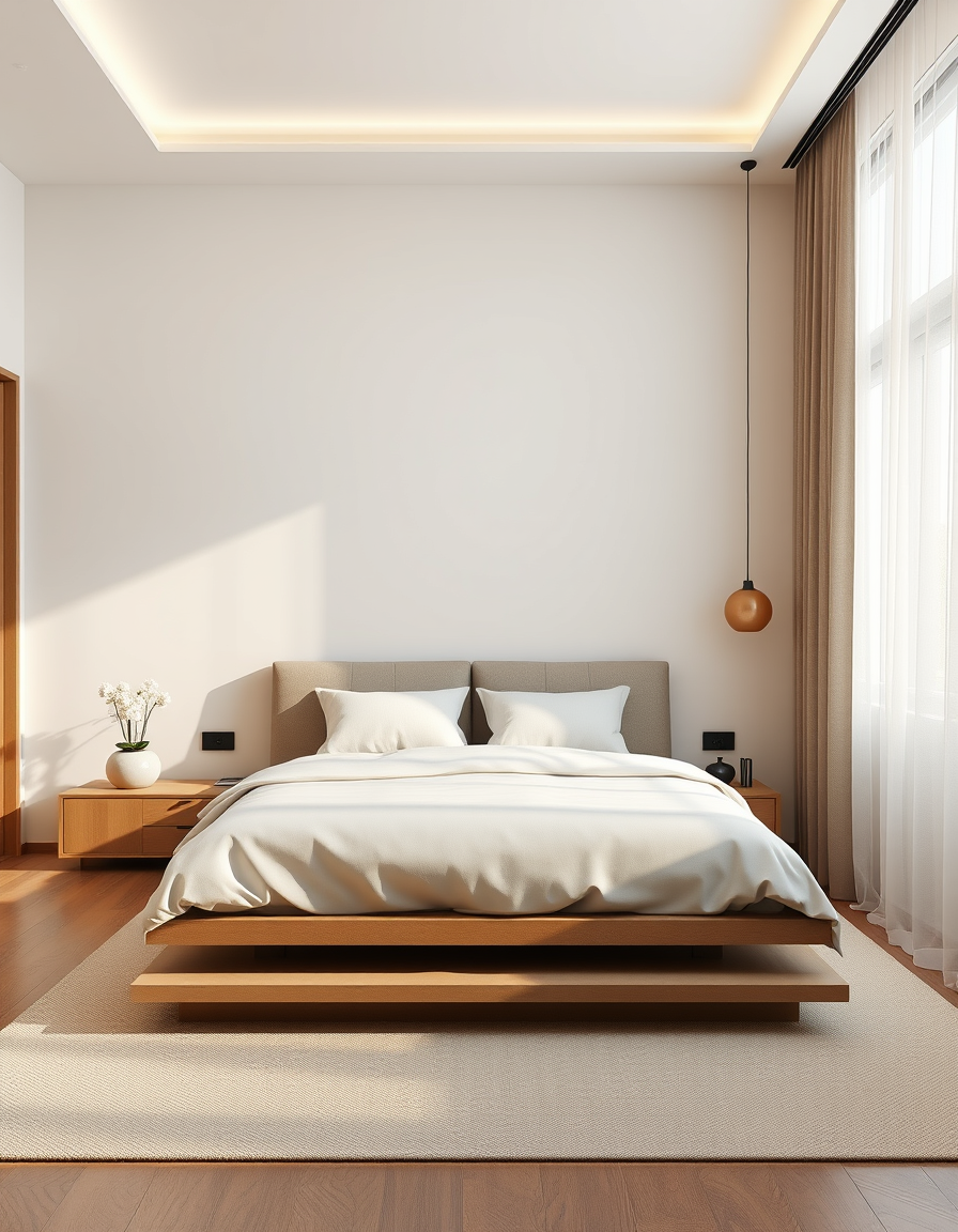 AI Room Design idea created from the prompt: AI room design, full room layout furniture and lighting, photorealistic interior render, a minimalist bedroom with low platform bed, muted e