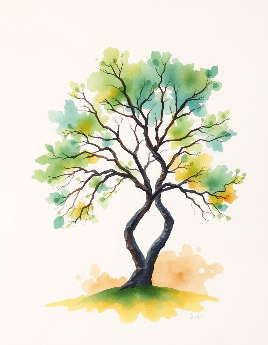 Picture Into Watercolor idea: turn picture into watercolor, transparent washes, paper texture, soft pigment edges, tree , delicate watercolor painting, luminous color, hand-painted
