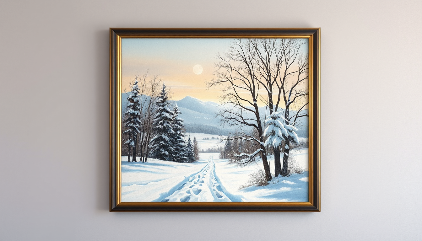 Wall Art idea: print-oriented artwork composed for a chosen room, frame ratio, and viewing distance, deliberate composition, make a winter landscape , polished paint