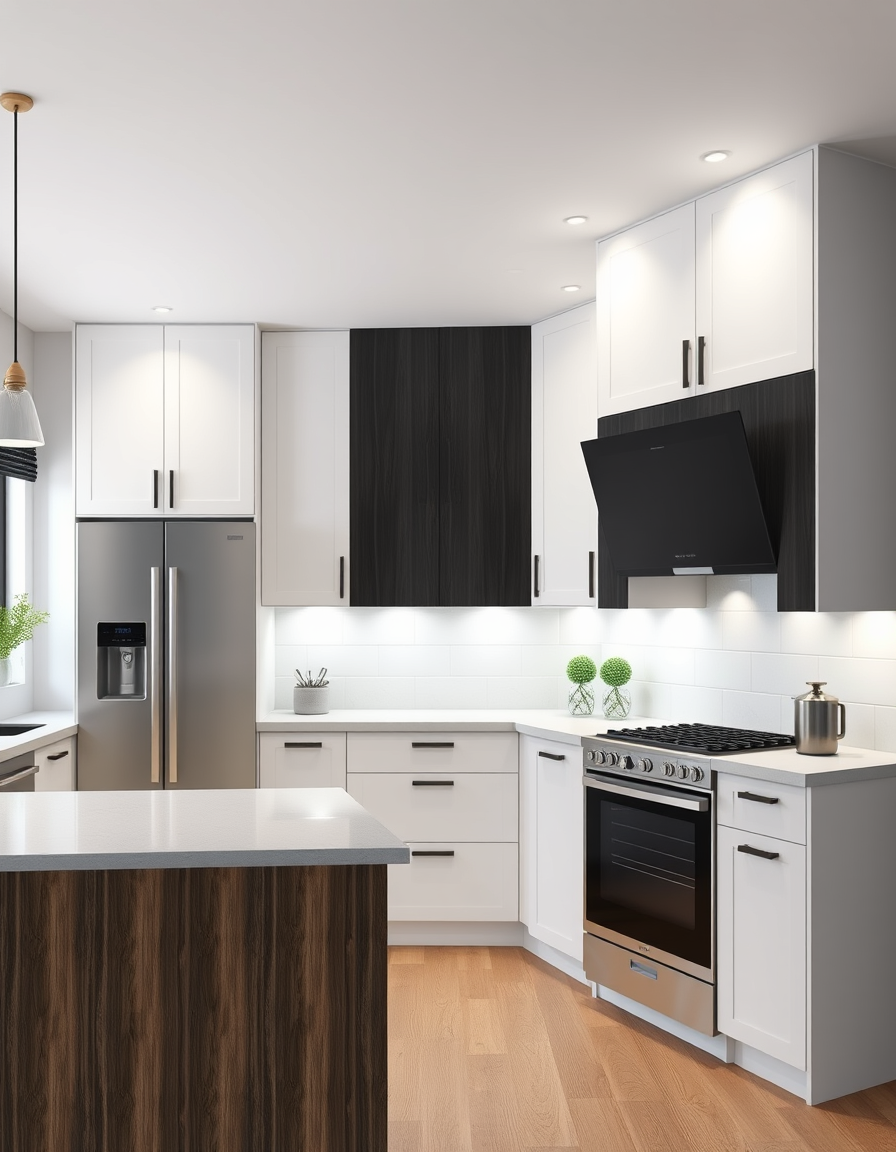 Kitchen Design idea: AI kitchen design, modern cabinetry countertops and lighting, photorealistic interior render, U shape Kitchen White Shaker doors, Black timber grain o