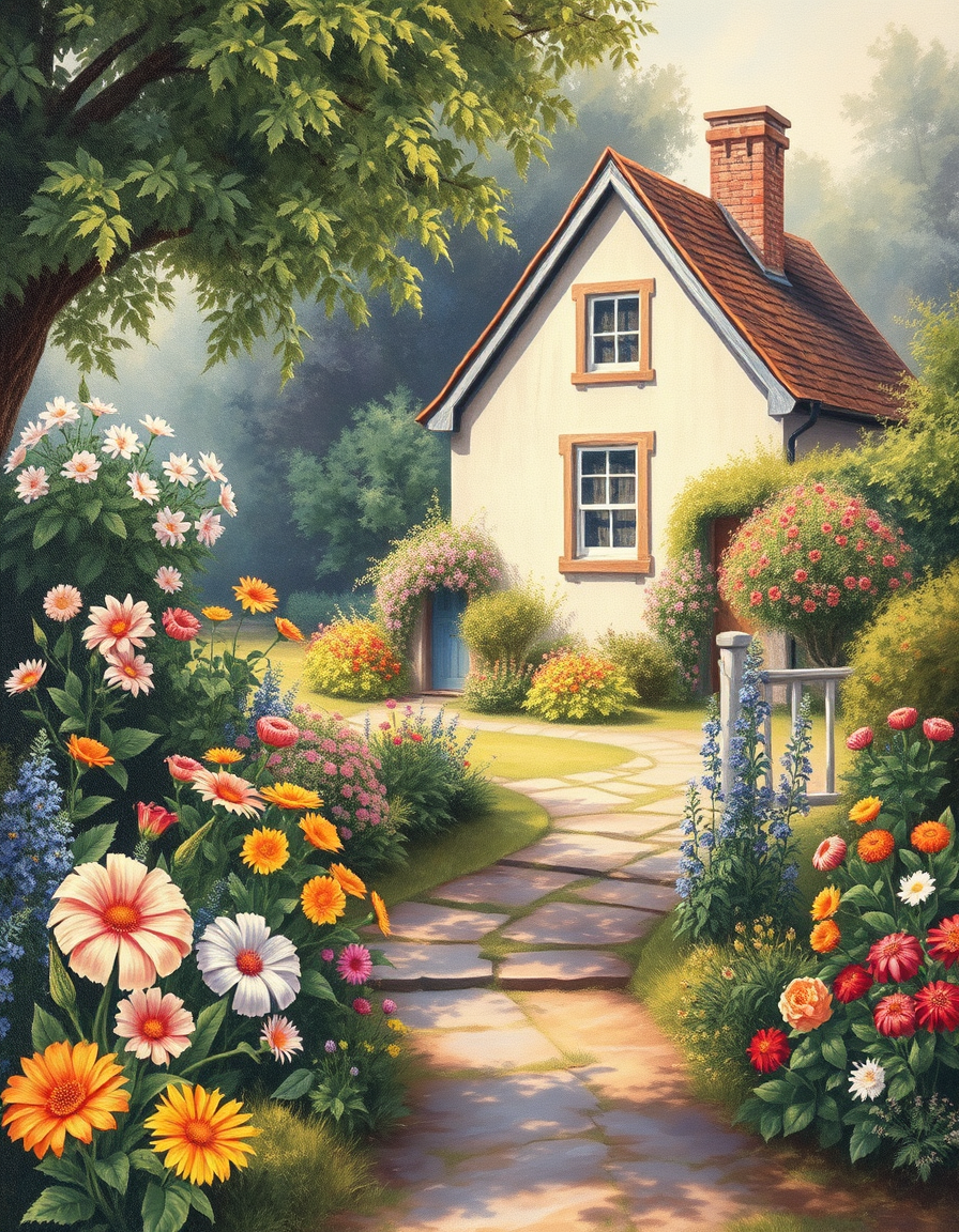 Main painting studio: Create a realistic hand-painted countryside garden with colorful flowers, a charming cottage, and soft morning sunlight. Traditional oil painting on c