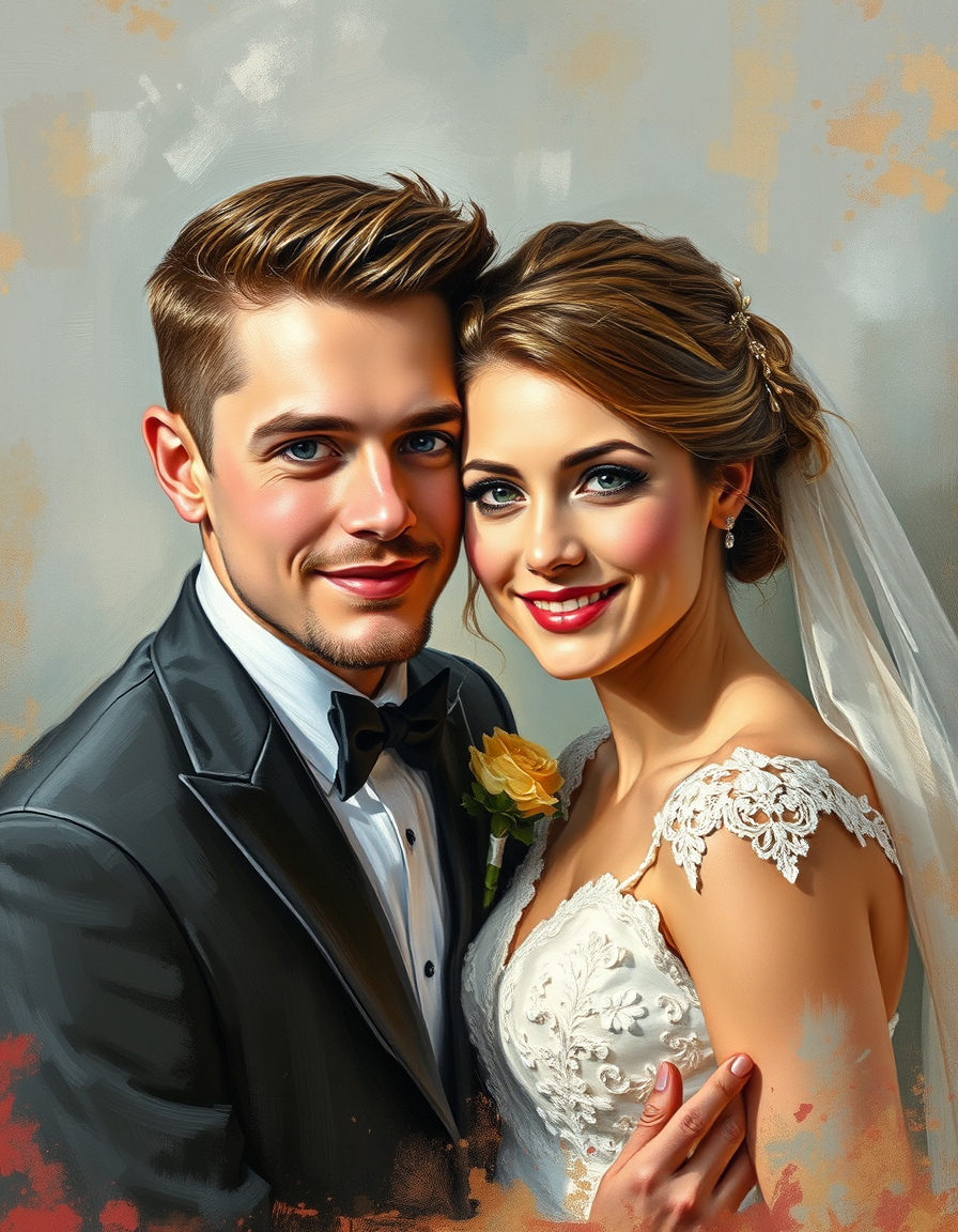 Photo To Paintings idea: painting from the photo, rich brushstrokes, painterly texture, a wedding portrait in a romantic oil-painting style with a soft painterly vignette , fi