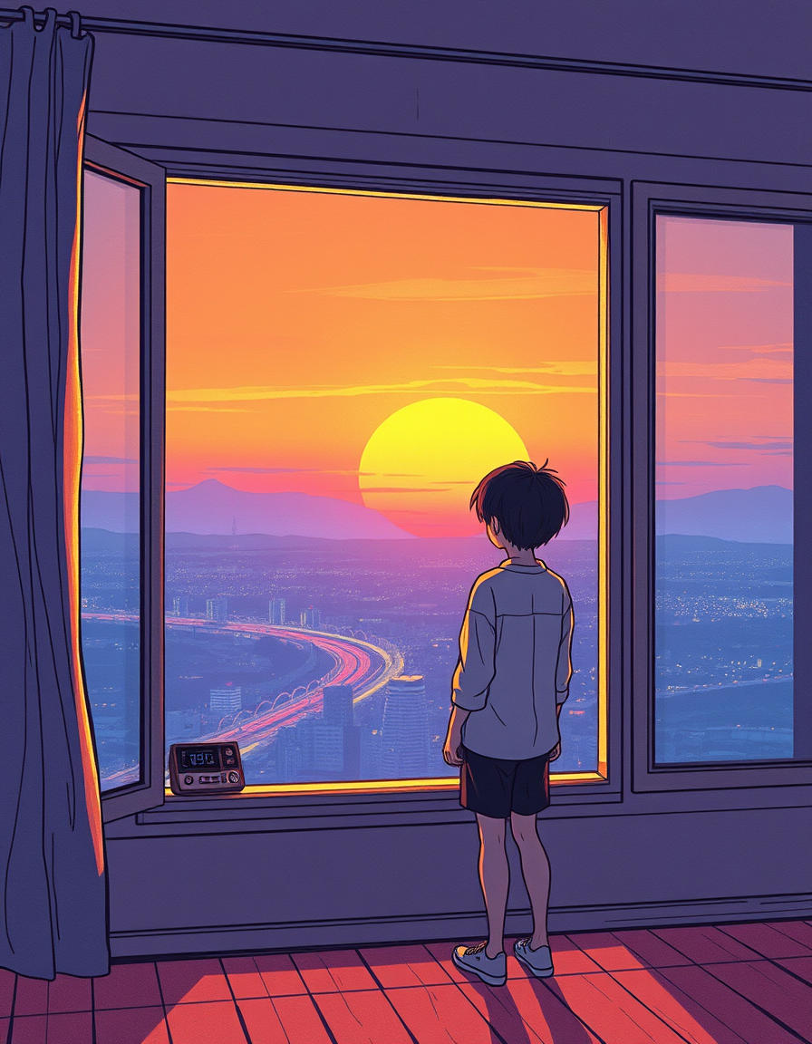 Main painting studio: Artistic hand-drawn illustration of a lone young figure standing by a window, watching the sunset over a distant city. Warm amber, violet and fading b