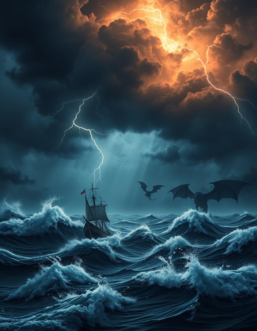 Book Covers idea: book cover composition, vertical 2:3 format, title-ready negative space at top, evocative subject, A book cover featuring a dark stormy sea with storm