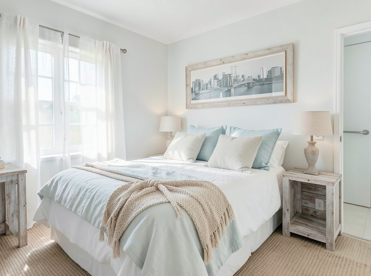 Main redesign studio: Redesign this room in a Coastal interior style: airy whites and soft-blue tones, weathered light wood, natural linen and woven textures, breezy sheer 