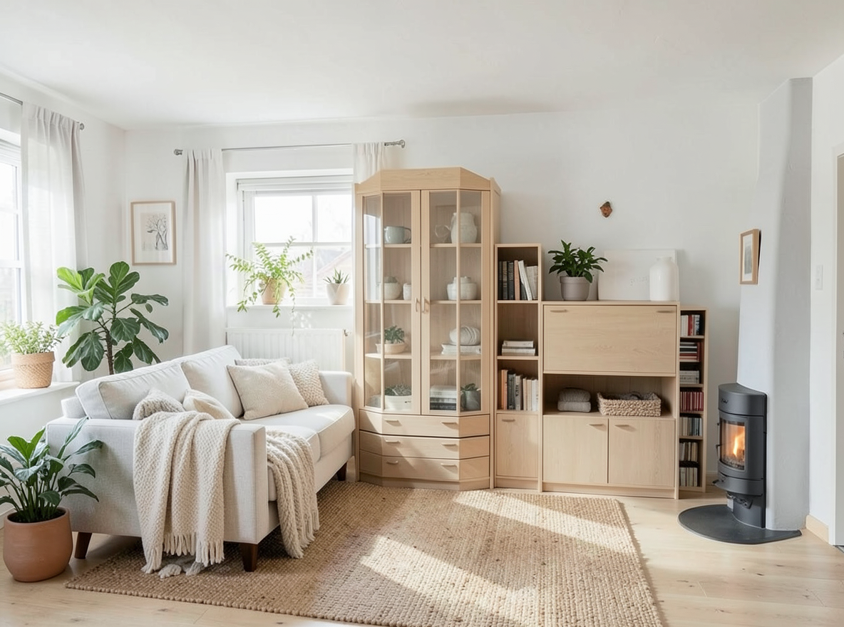 Main redesign studio: Redesign this room in a Scandinavian interior style: light oak wood, a white and soft-grey palette, wool and linen textiles, a woven jute rug, leafy p