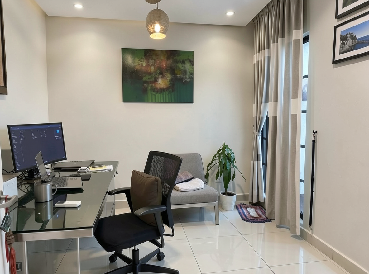 Main redesign studio: Redesign this room in a Modern interior style: clean lines, a neutral palette with bold accents, sleek low-profile furniture, glass and matte-metal su