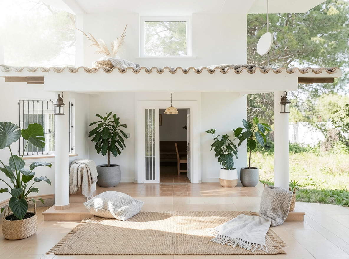 Main redesign studio: Redesign this room in a Scandinavian interior style: light oak wood, a white and soft-grey palette, wool and linen textiles, a woven jute rug, leafy p
