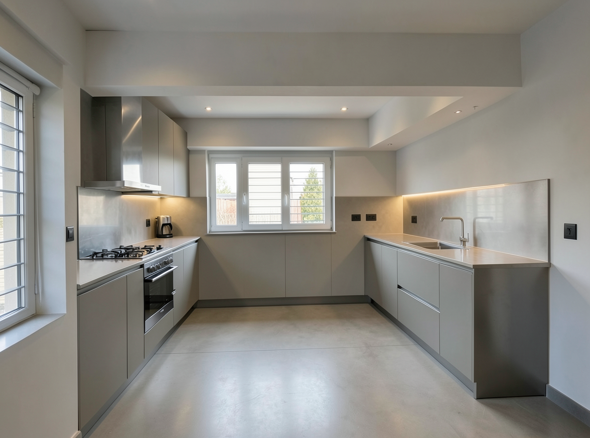 Main redesign studio: Redesign this room in a Modern interior style: clean lines, a neutral palette with bold accents, sleek low-profile furniture, glass and matte-metal su