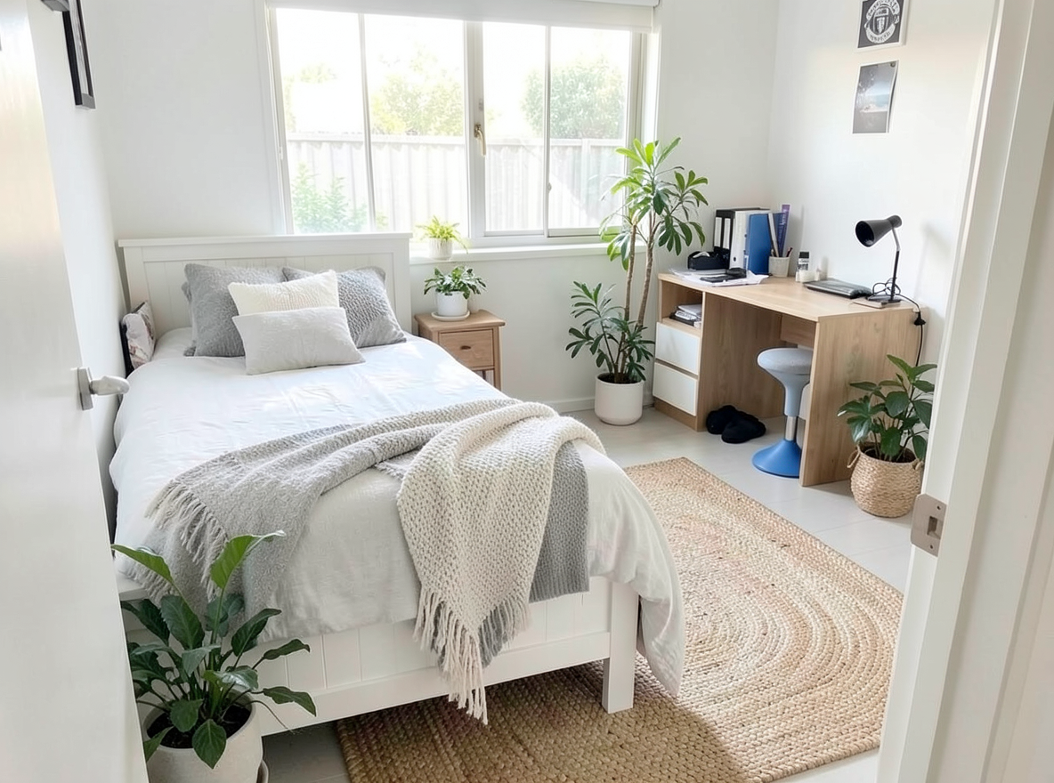 Main redesign studio: Redesign this room in a Scandinavian interior style: light oak wood, a white and soft-grey palette, wool and linen textiles, a woven jute rug, leafy p
