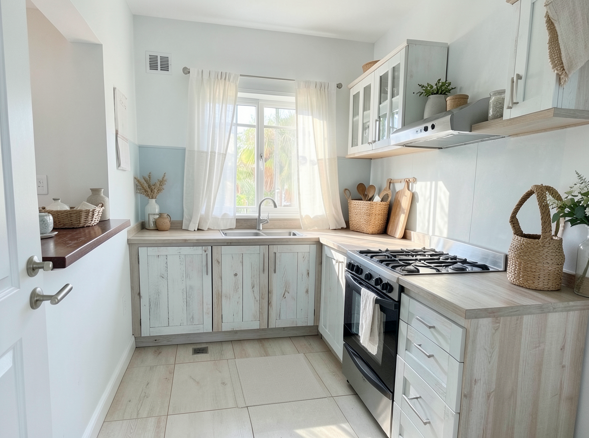 Main redesign studio: Redesign this room in a Coastal interior style: airy whites and soft-blue tones, weathered light wood, natural linen and woven textures, breezy sheer