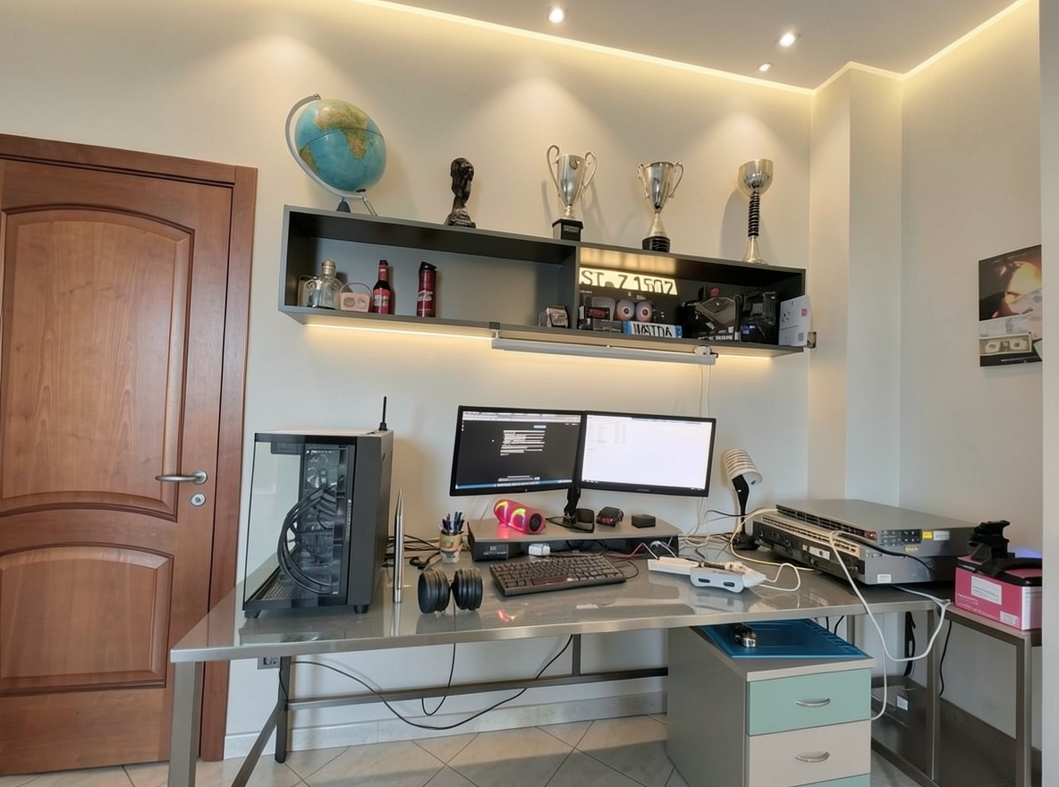 Main redesign studio: Redesign this room in a Modern interior style: clean lines, a neutral palette with bold accents, sleek low-profile furniture, glass and matte-metal su