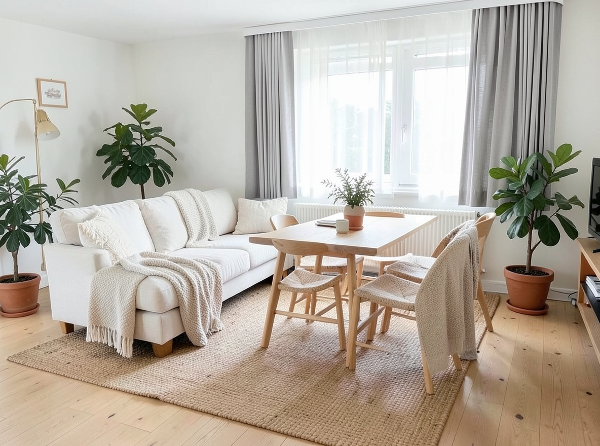 Main redesign studio: Redesign this room in a Scandinavian interior style: light oak wood, a white and soft-grey palette, wool and linen textiles, a woven jute rug, leafy p