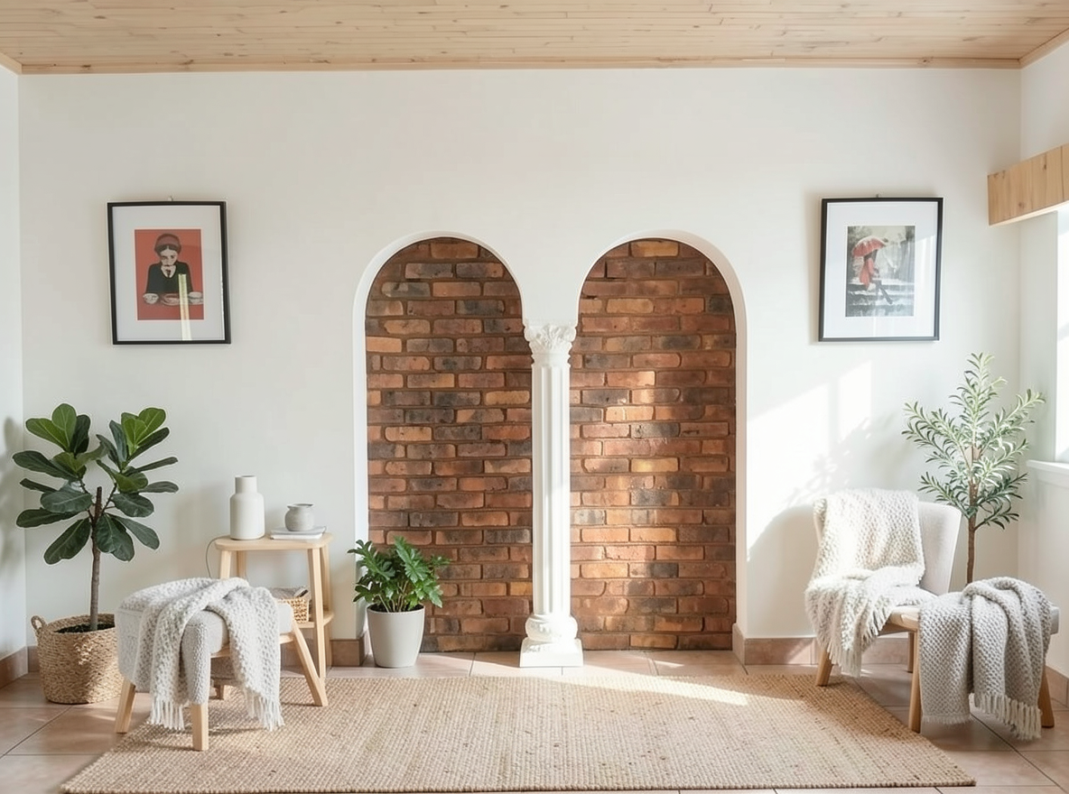 Main redesign studio: Redesign this room in a Scandinavian interior style: light oak wood, a white and soft-grey palette, wool and linen textiles, a woven jute rug, leafy p