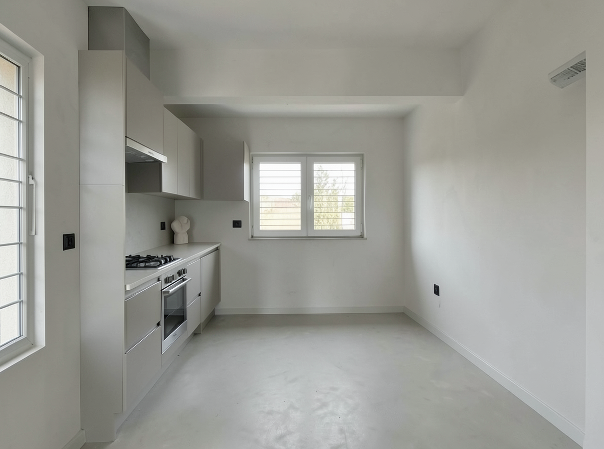Main redesign studio: Redesign this room in a Minimalist interior style: an uncluttered space, a monochrome neutral palette, a few sculptural pieces, concealed storage, sof
