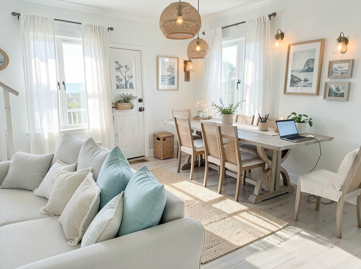 Main redesign studio: Redesign this room in a Coastal interior style: airy whites and soft-blue tones, weathered light wood, natural linen and woven textures, breezy sheer