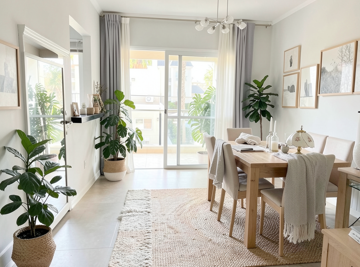 Main redesign studio: Redesign this room in a Scandinavian interior style: light oak wood, a white and soft-grey palette, wool and linen textiles, a woven jute rug, leafy p