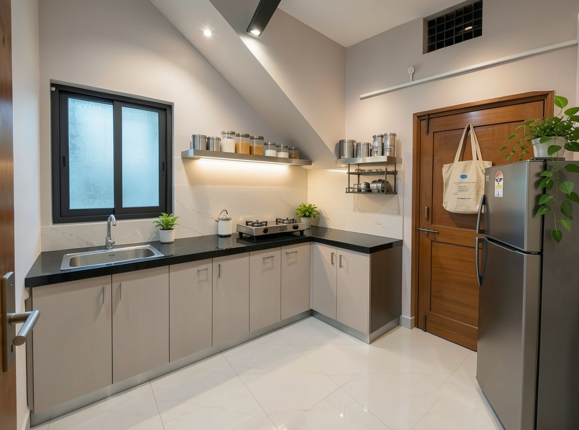 Main redesign studio: Redesign this room in a Modern interior style: clean lines, a neutral palette with bold accents, sleek low-profile furniture, glass and matte-metal su