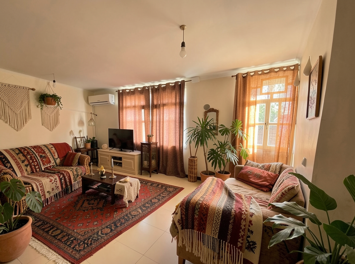 Main redesign studio: Redesign this room in a Boho interior style: layered patterned textiles, rattan and macramé, terracotta and warm earthy tones, abundant plants, vintag