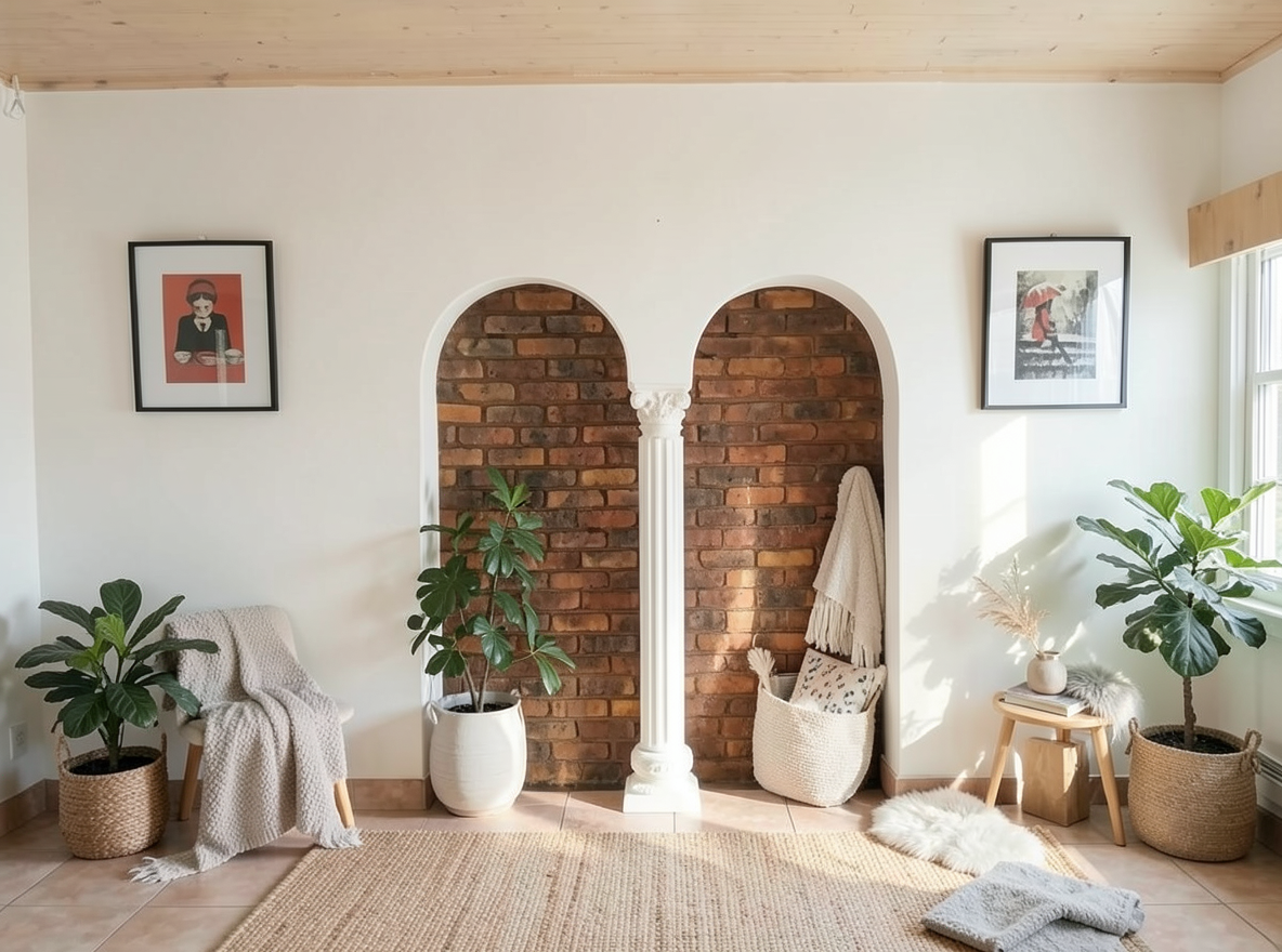 Main redesign studio: Redesign this room in a Scandinavian interior style: light oak wood, a white and soft-grey palette, wool and linen textiles, a woven jute rug, leafy p