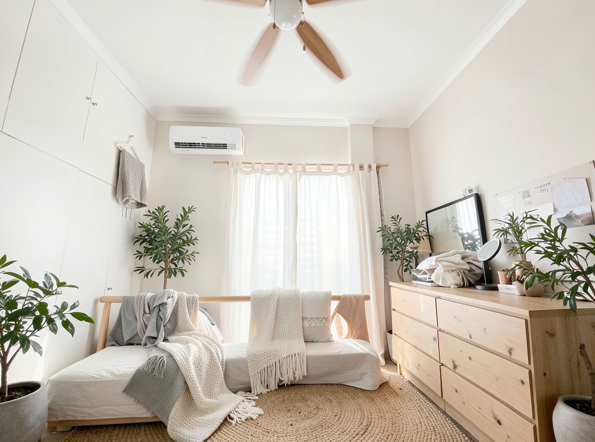 Main redesign studio: Redesign this room in a Scandinavian interior style: light oak wood, a white and soft-grey palette, wool and linen textiles, a woven jute rug, leafy p