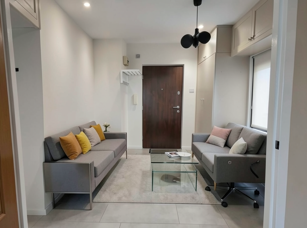 Main redesign studio: Redesign this room in a Modern interior style: clean lines, a neutral palette with bold accents, sleek low-profile furniture, glass and matte-metal su
