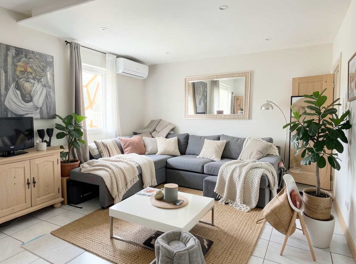 Main redesign studio: Redesign this room in a Scandinavian interior style: light oak wood, a white and soft-grey palette, wool and linen textiles, a woven jute rug, leafy p