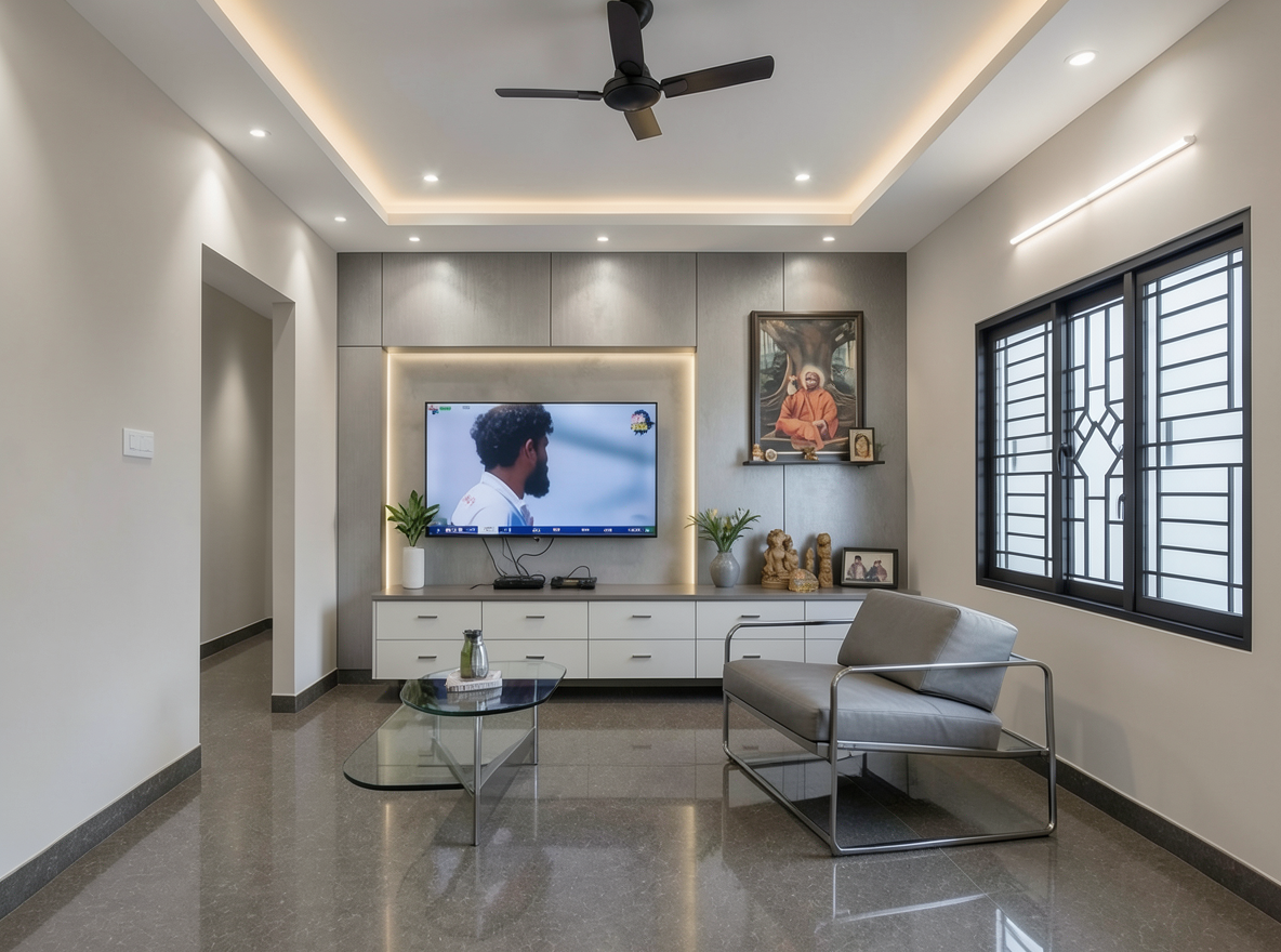 Main redesign studio: Redesign this room in a Modern interior style: clean lines, a neutral palette with bold accents, sleek low-profile furniture, glass and matte-metal su