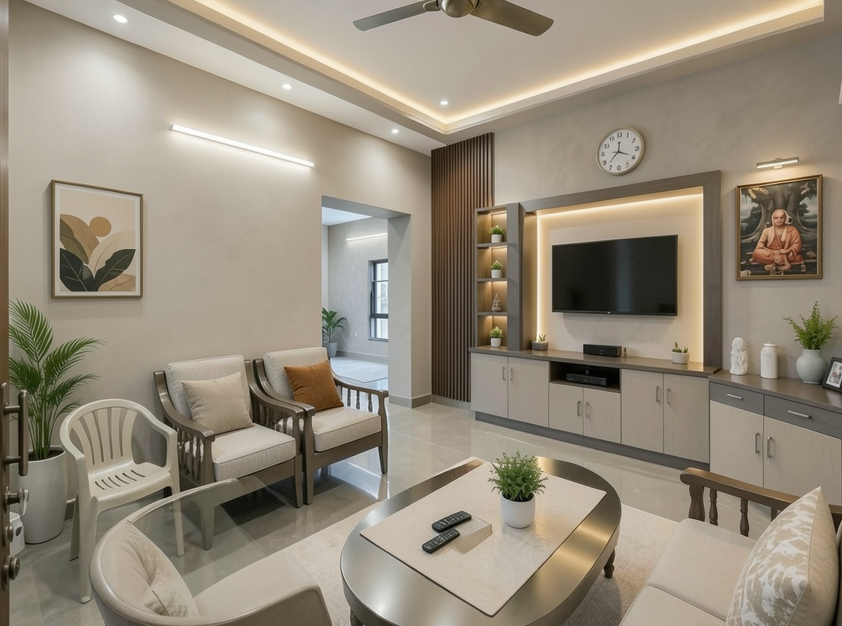 Main redesign studio: Redesign this room in a Modern interior style: clean lines, a neutral palette with bold accents, sleek low-profile furniture, glass and matte-metal su