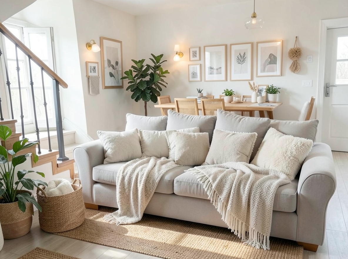 Main redesign studio: Redesign this room in a Scandinavian interior style: light oak wood, a white and soft-grey palette, wool and linen textiles, a woven jute rug, leafy p