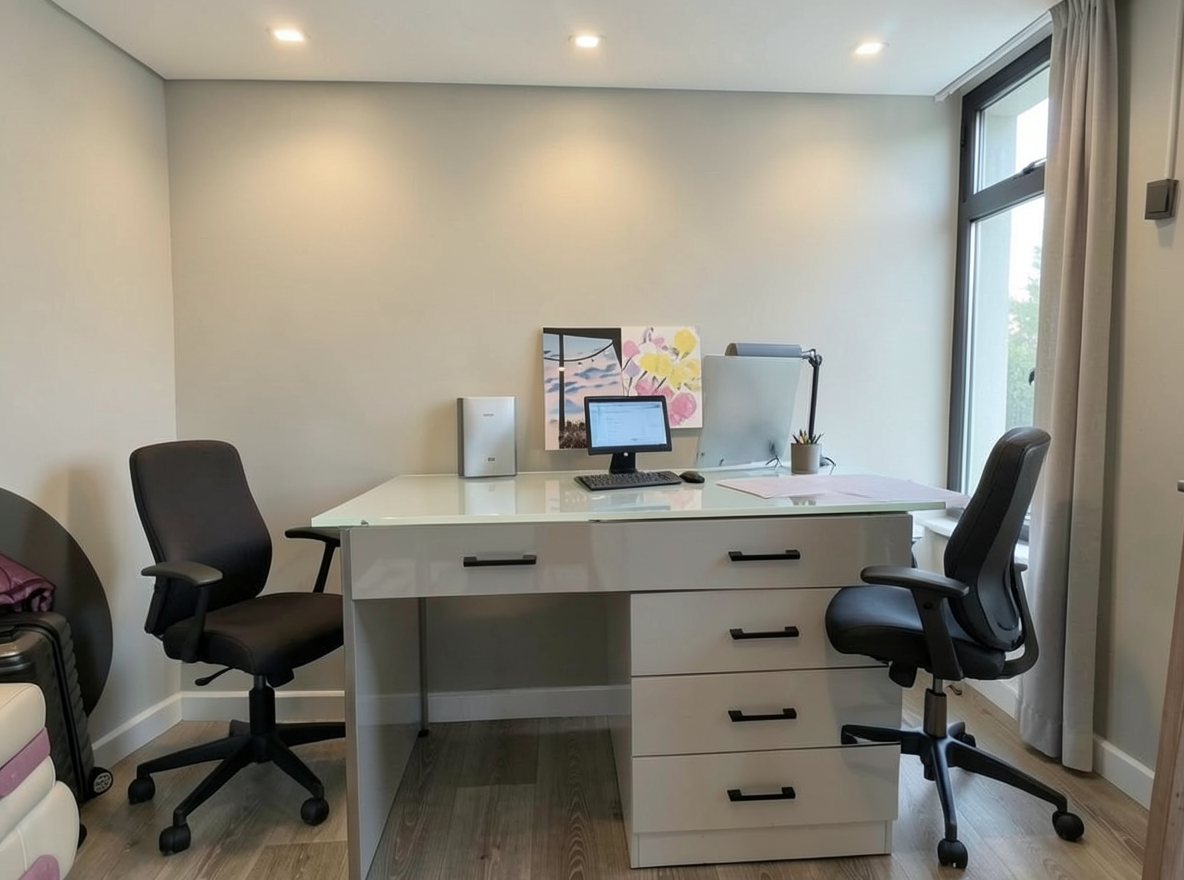 Main redesign studio: Redesign this room in a Modern interior style: clean lines, a neutral palette with bold accents, sleek low-profile furniture, glass and matte-metal su