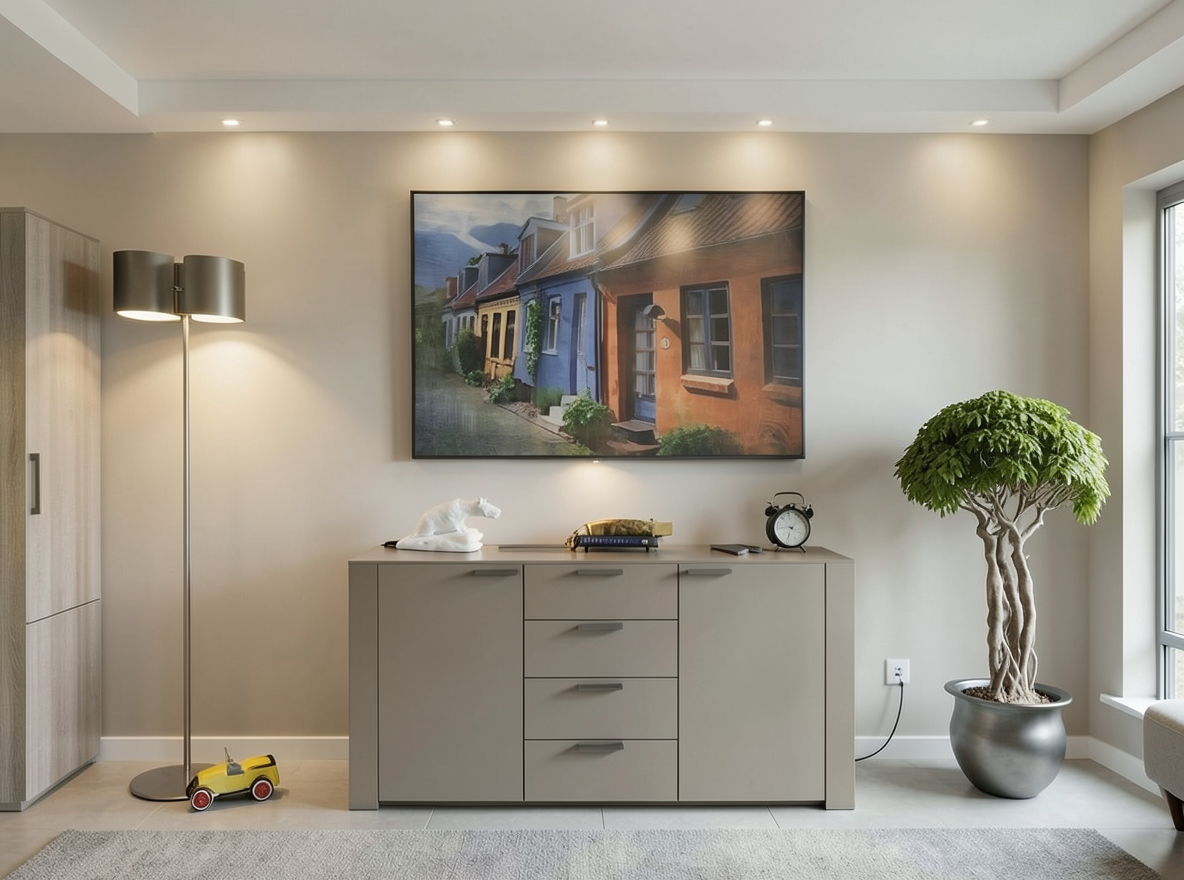 Main redesign studio: Redesign this room in a Modern interior style: clean lines, a neutral palette with bold accents, sleek low-profile furniture, glass and matte-metal su