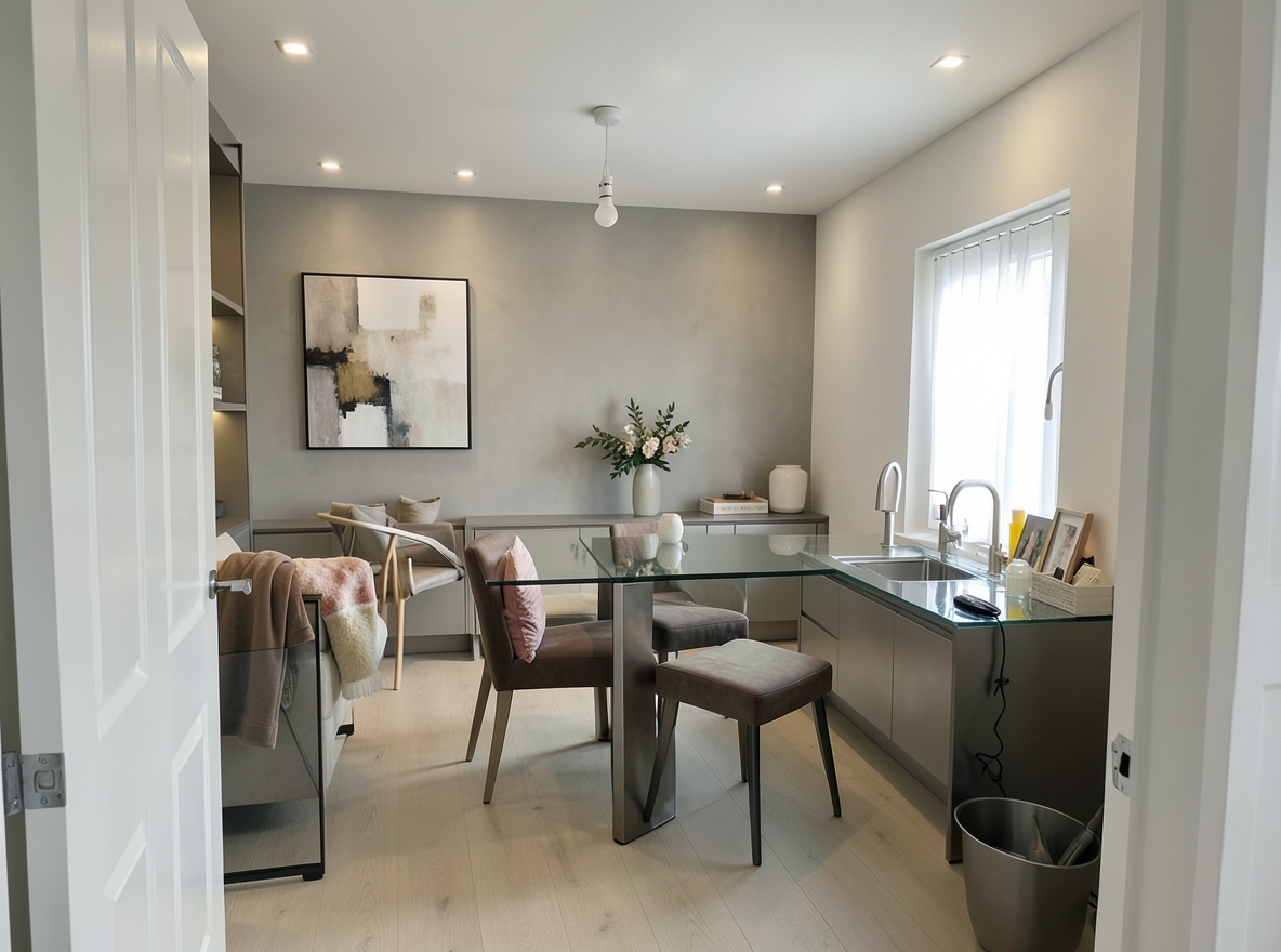 Main redesign studio: Redesign this room in a Modern interior style: clean lines, a neutral palette with bold accents, sleek low-profile furniture, glass and matte-metal su