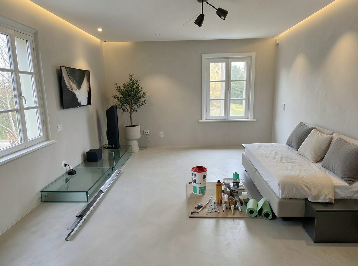 Main redesign studio: Redesign this room in a Modern interior style: clean lines, a neutral palette with bold accents, sleek low-profile furniture, glass and matte-metal su