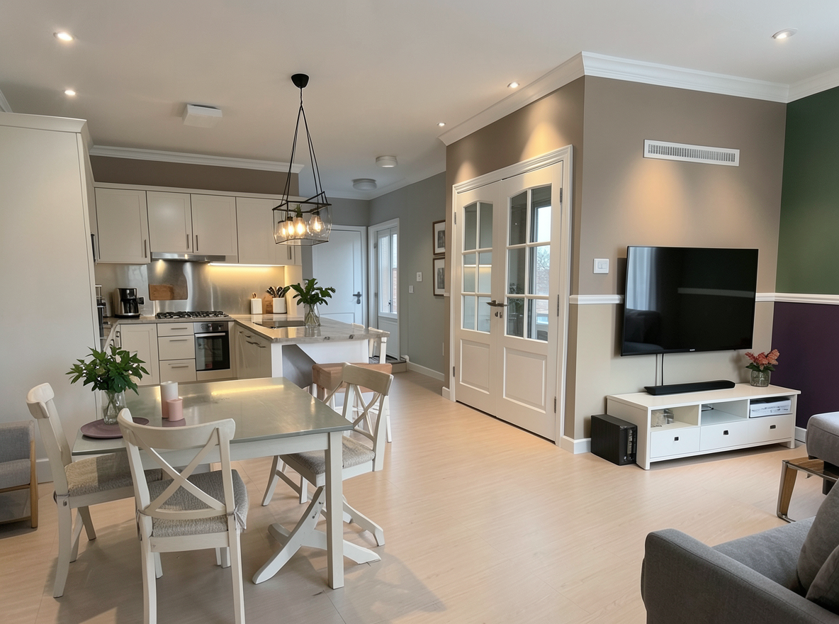 Main redesign studio: Redesign this room in a Modern interior style: clean lines, a neutral palette with bold accents, sleek low-profile furniture, glass and matte-metal su