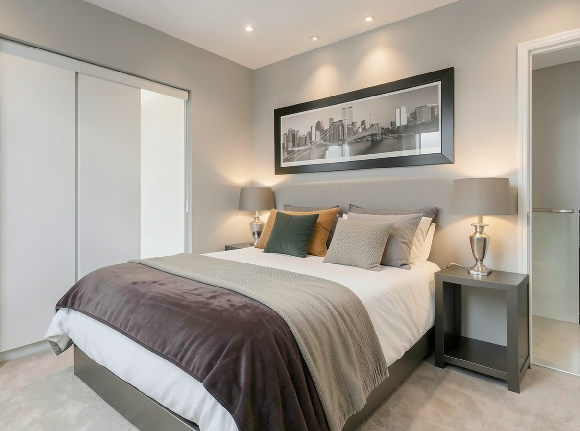 Main redesign studio: Redesign this room in a Modern interior style: clean lines, a neutral palette with bold accents, sleek low-profile furniture, glass and matte-metal su