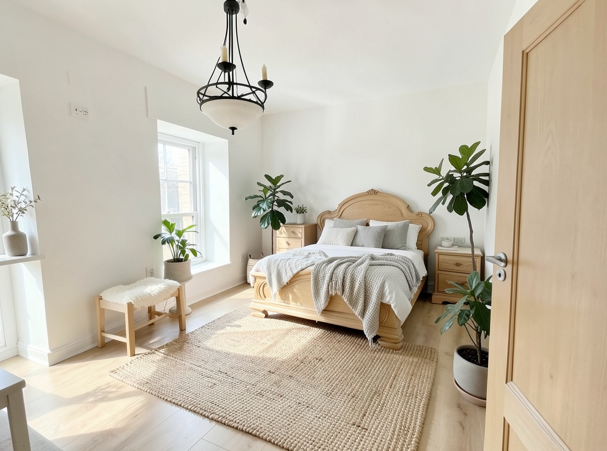 Main redesign studio: Redesign this room in a Scandinavian interior style: light oak wood, a white and soft-grey palette, wool and linen textiles, a woven jute rug, leafy p