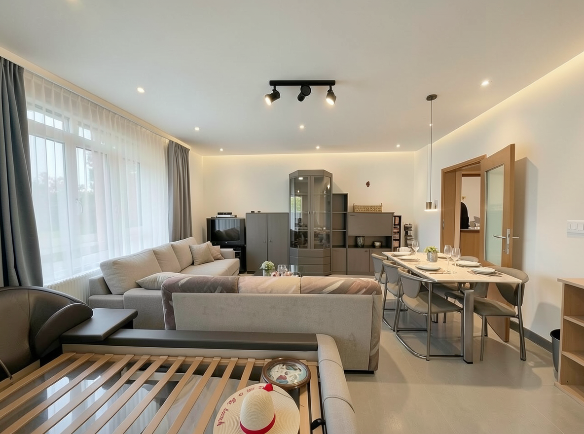 Main redesign studio: Redesign this room in a Modern interior style: clean lines, a neutral palette with bold accents, sleek low-profile furniture, glass and matte-metal su
