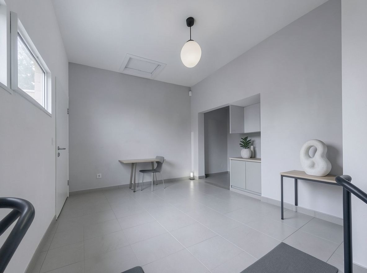 Main redesign studio: Redesign this room in a Minimalist interior style: an uncluttered space, a monochrome neutral palette, a few sculptural pieces, concealed storage, sof