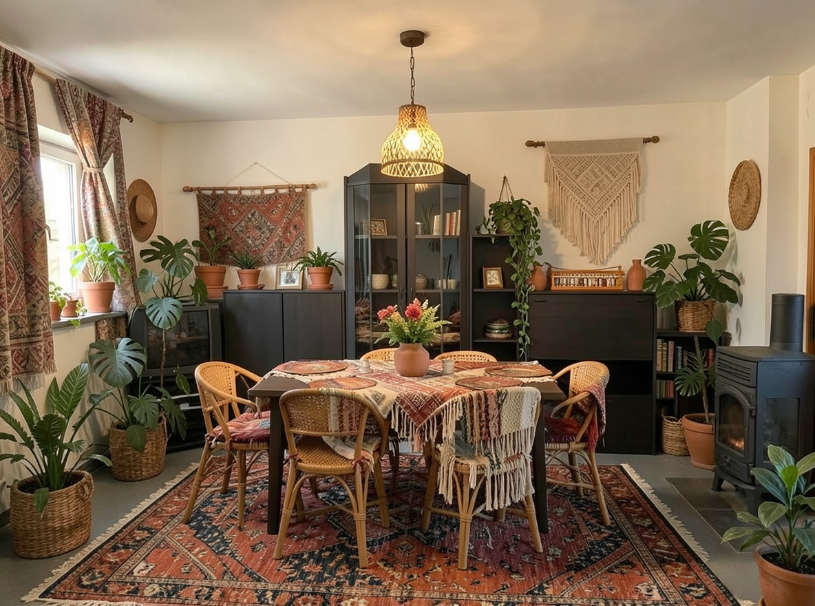 Main redesign studio: Redesign this room in a Boho interior style: layered patterned textiles, rattan and macramé, terracotta and warm earthy tones, abundant plants, vintag