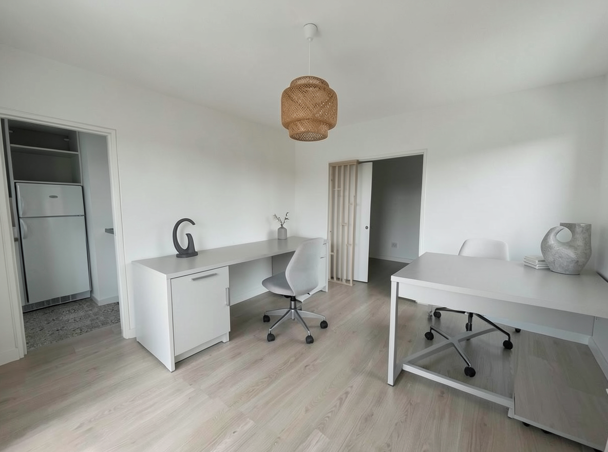 Main redesign studio: Redesign this room in a Minimalist interior style: an uncluttered space, a monochrome neutral palette, a few sculptural pieces, concealed storage, sof