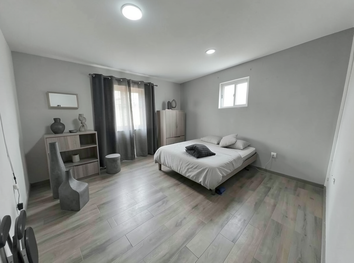 Main redesign studio: Redesign this room in a Minimalist interior style: an uncluttered space, a monochrome neutral palette, a few sculptural pieces, concealed storage, sof